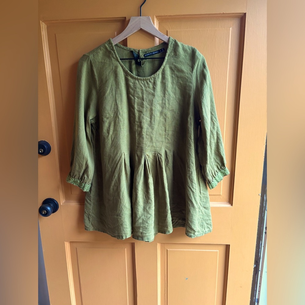 Pea green peasant blouse with embroidered cuffs